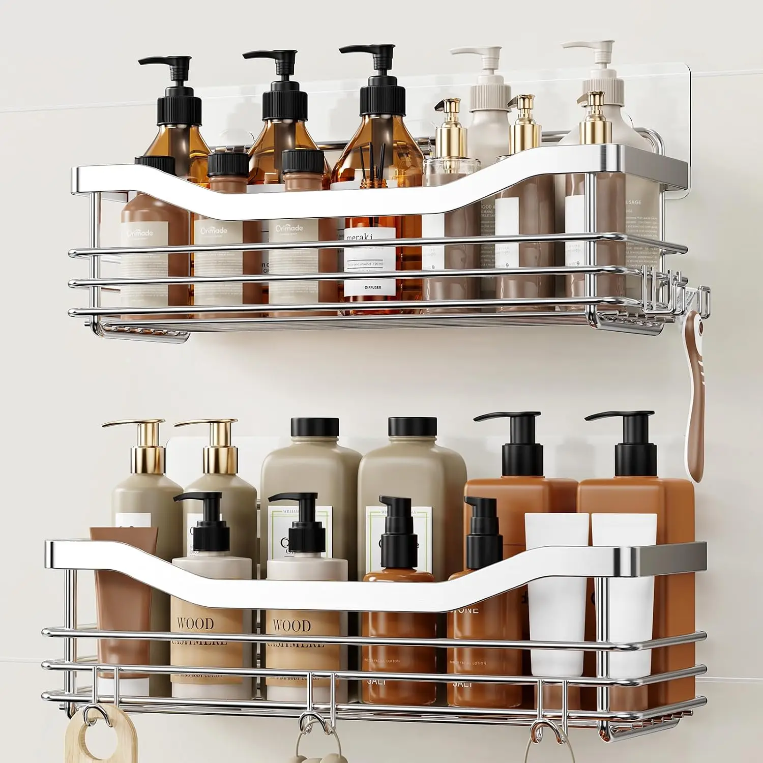 

Shower Caddy Basket Shelf with 5 Hooks Adhesive Organizer Storage Rack Rust Resistant Wall Mounted Stainless Steel No Drilling for Bathroom, Toilet, Kitchen - 2 Pack