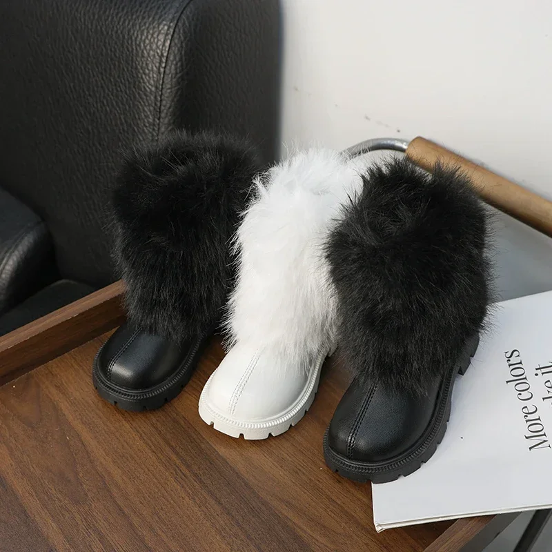 Winter Girl Snow Boots Soft Furry Hairy Kid\'s Boot Black White Versatile Children Causal Fashion Long Boots Warm Plush Zipper