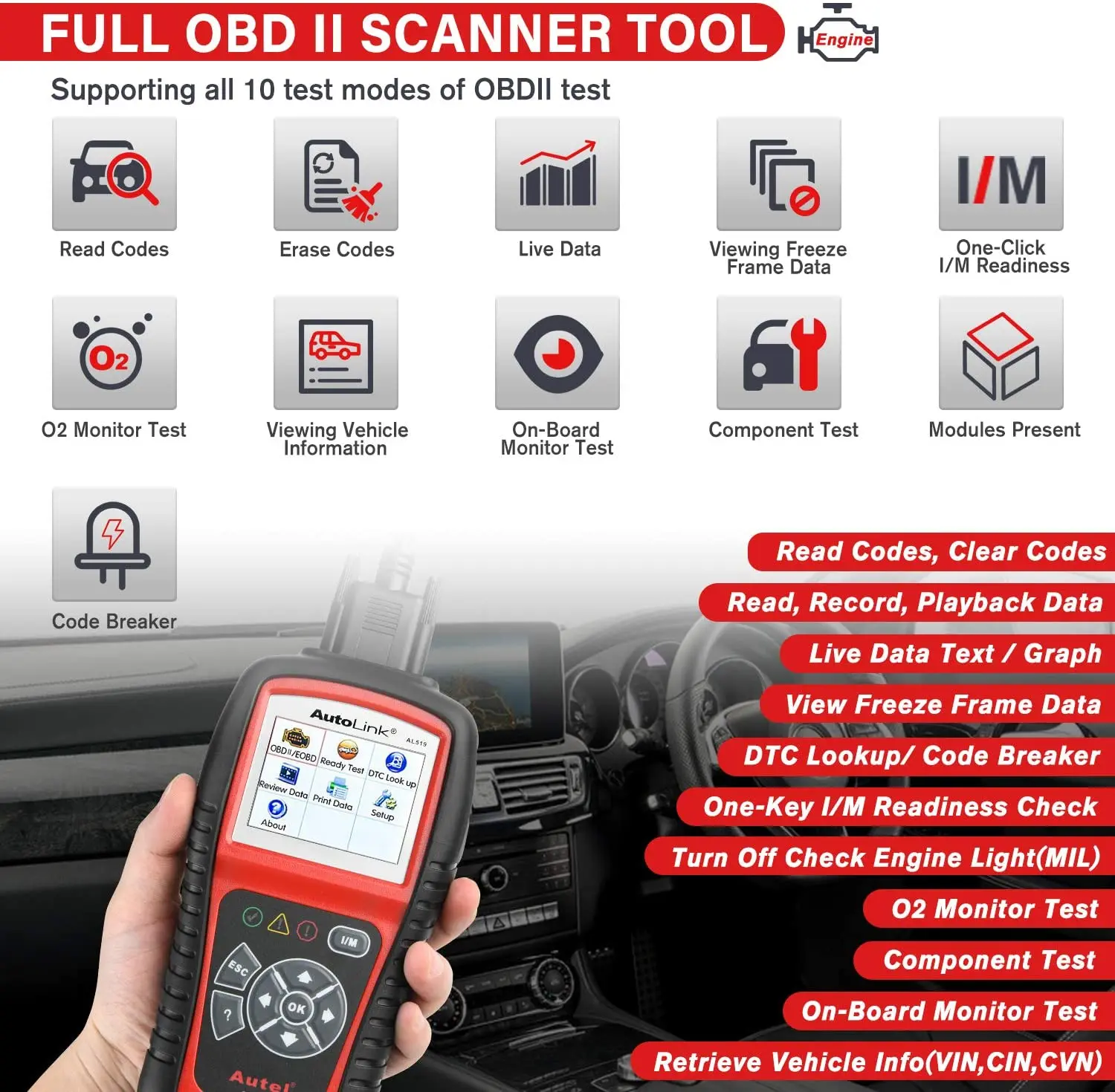 Autel AutoLink AL519 Car OBD2 Scanner Enhanced Mode 6 Automotive Diagnostic Tool DTC Lookup Check Engine Free Update pk ELM327