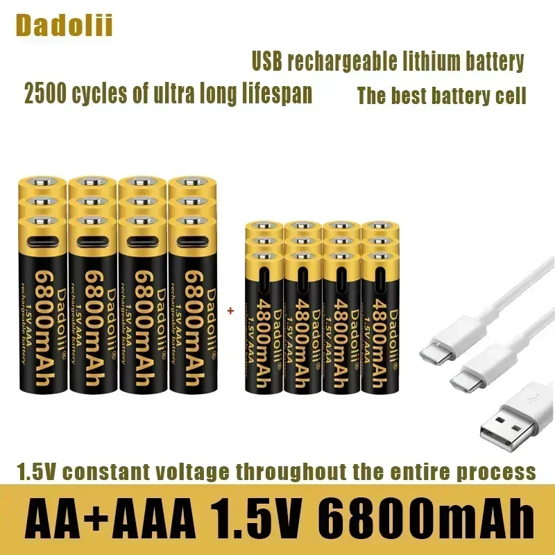 AA AAA Rechargeable Lithium Battery with Real 6800mWh 4800mWh High Capacity USB-C Direct Fast Charge 1.5V for Mic Toy Flashlight