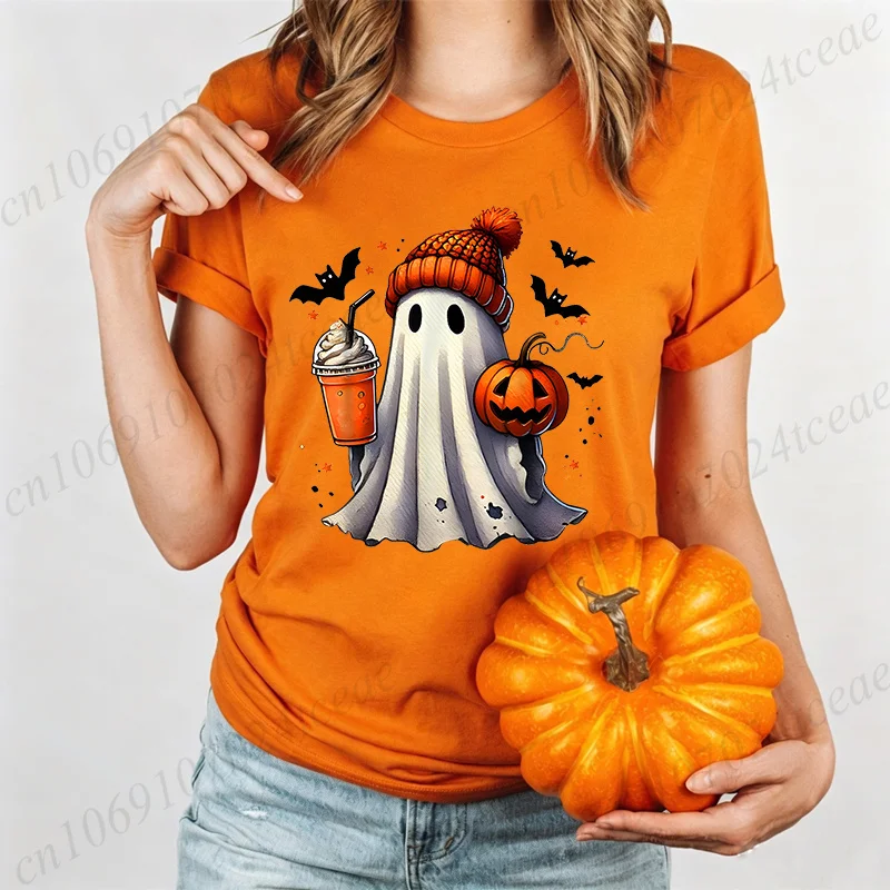 Damen Halloween T-Shirt mit Geister-, Kürbis- und Fledermaus-Motiv, Kurzarm, O-Ausschnitt, Lässiges Oberteil für eine fröhliche Halloween-Party, lockeres Sommer-Top – Detail 5