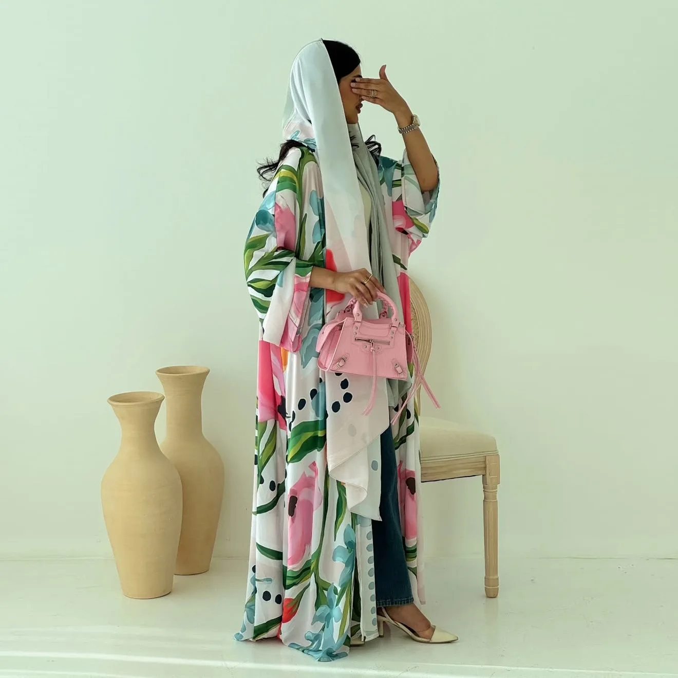 Trendy Open Abaya Muslim Women Dress Breathable Floral Printed Abaya Robe Dubai Moroccan Islamic Clothing Abaya With Scarf