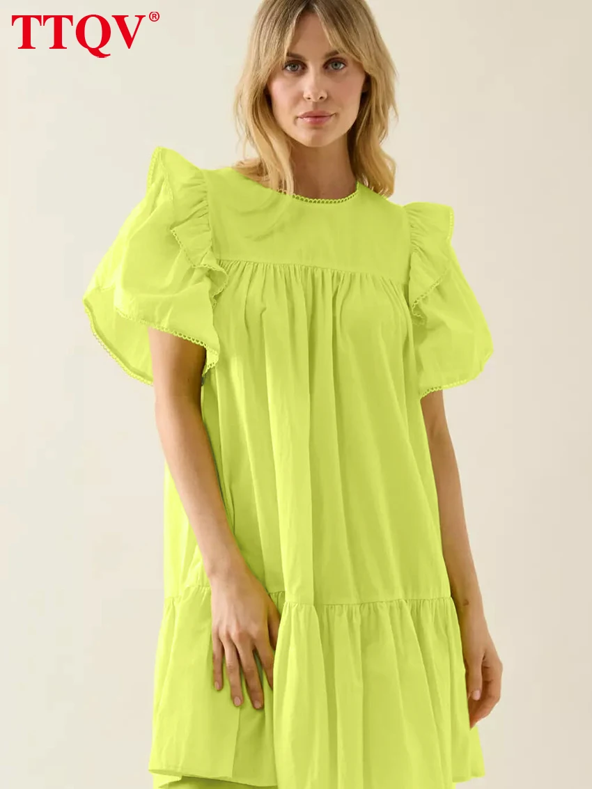 

TTQV Summer Loose Yellow Cotton Women's Dress 2026 Fashion O-Neck Short Sleeve Mini Dresses Elegant Classic Pleated Female Dress