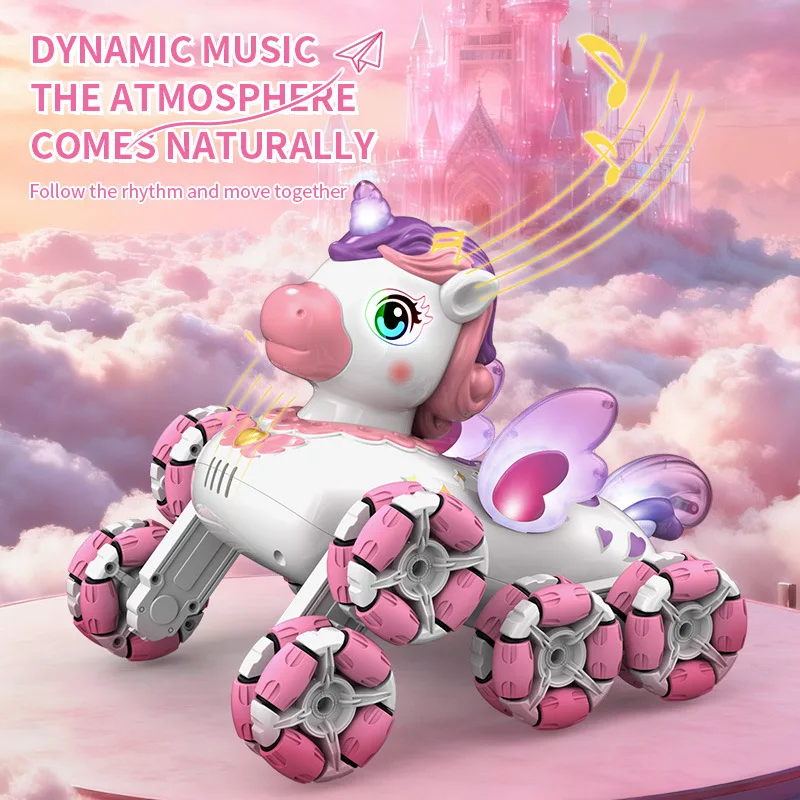 لعبة يونيكورن ذات 8 عجلات للتحكم عن بعد - مع إضاءة وموسيقى، تصميم وردي جذاب، مثالية للفتيات