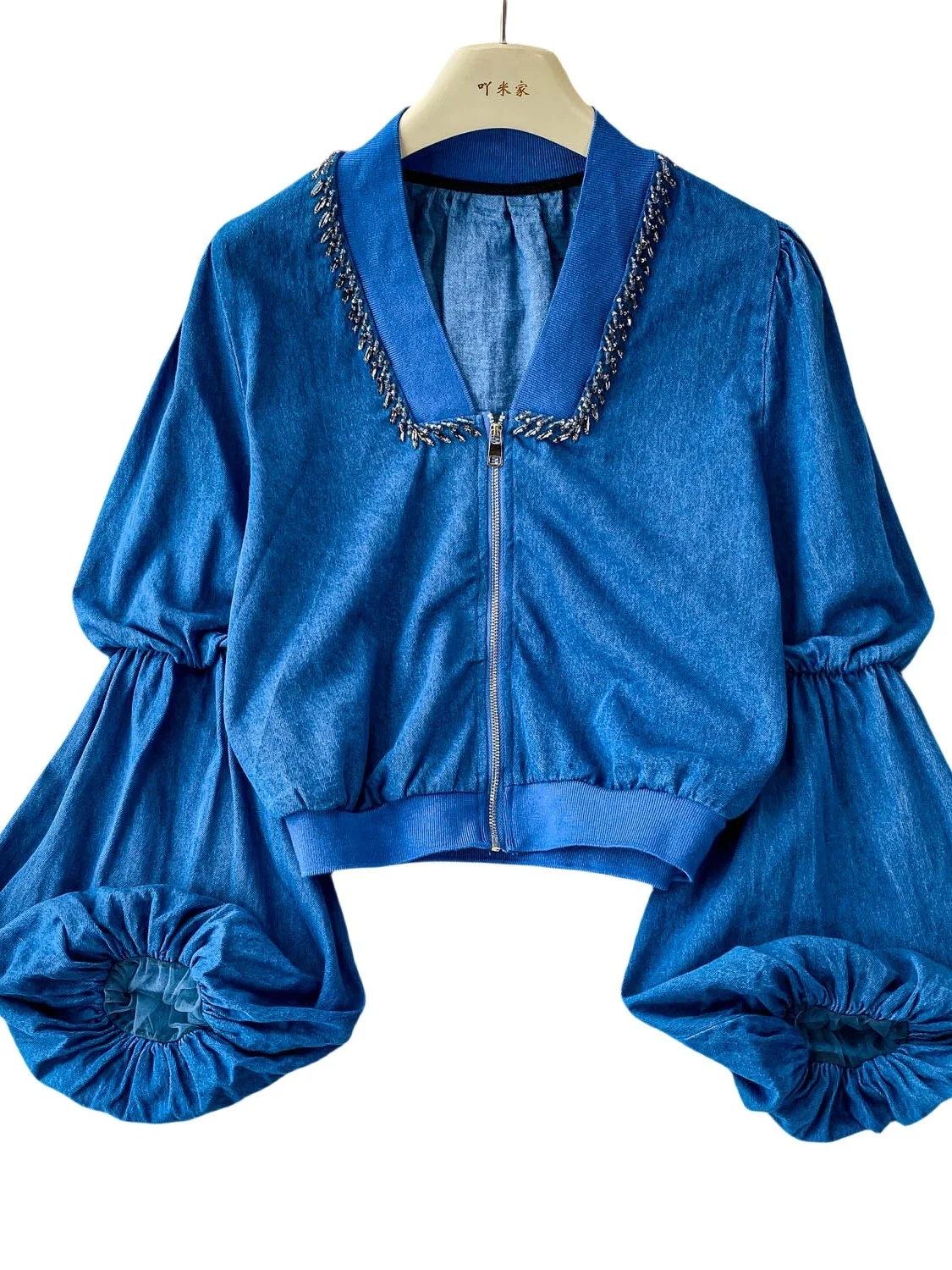 

Fashion Embroidered Rhinestone Fringe Denim Jacket Women V Neck Lantern Sleeve Loose Fit COATS Autumn Winter