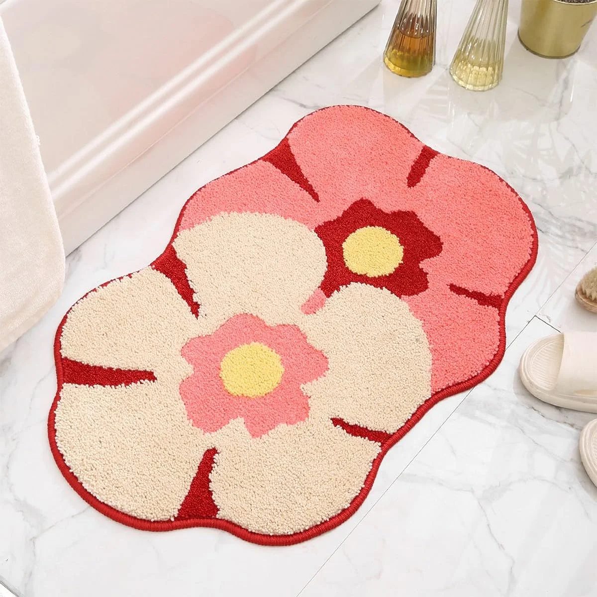 

VIKAMA Ins Flower And Flower Fleece Carpet Entryway And Bathroom Anti Slip Durable Water Absorbent Mat Cute Home Decor