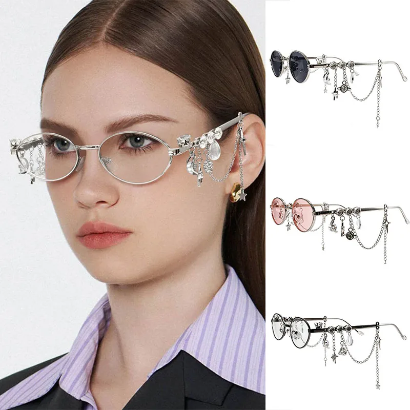 Lolita Eyeglasses Sweet Cool Spicy Girl With Chain Star Diamond Small Frame Elliptical Glasses COS Eyewear Cosplay Accessories