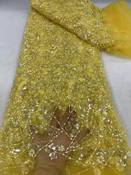 Tecido de renda do noivo africano com lantejoulas, alta qualidade, malha nigeriana francesa, amarelo, vestido de festa de casamento, costura, africano