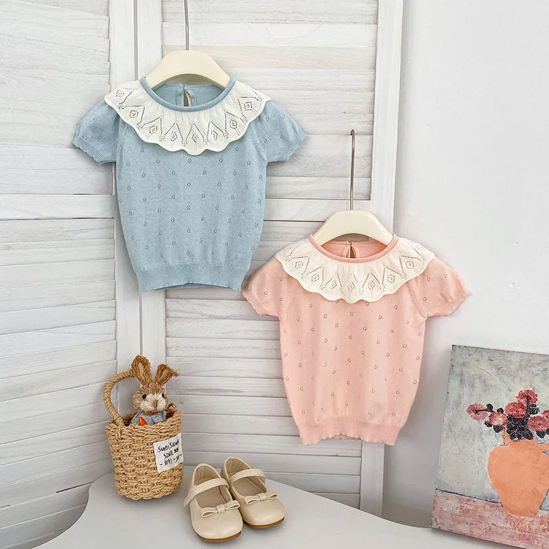 18M-7Y Kids T-shirt 2026 Summer Baby Knitwear Sweet Hollow-out Girls Knit Tee Loose Ventilate Children Clothes