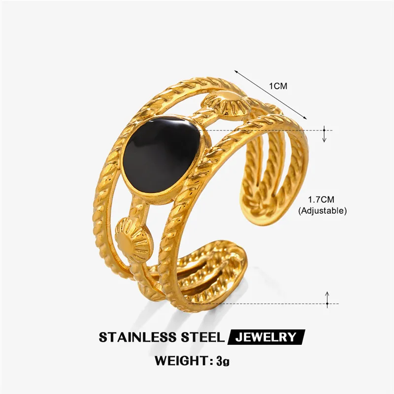 Punk Stainless Steel Irregular Vertical Bar Ring Women Golden Exaggerated Jewelry Ladies Black Round Crystal Rings Accessories