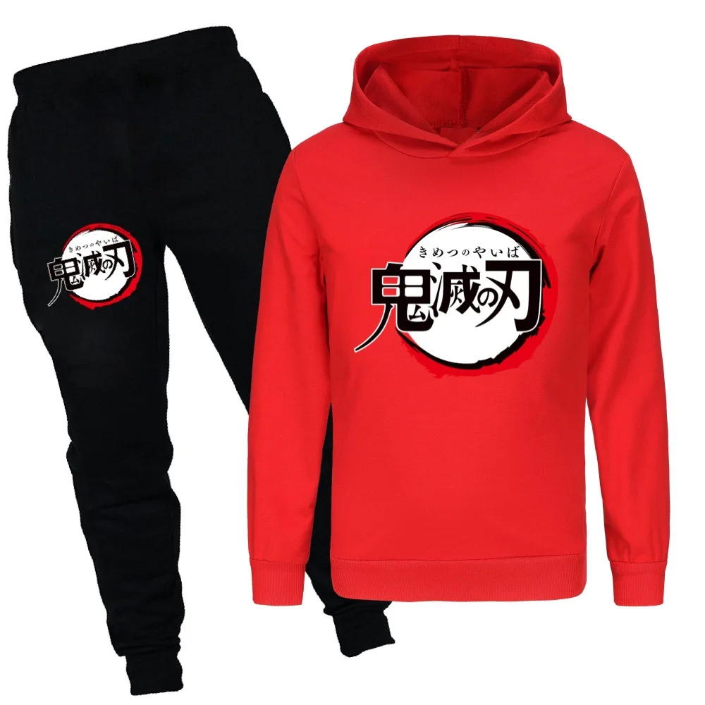 Sudadera con capucha Demon Slayers, ropa de Anime japonés, Tanjiro Kamado, sudaderas para niños, Top + Pantalones, 2 uds., Jersey informal Unisex Harajuku, ropa