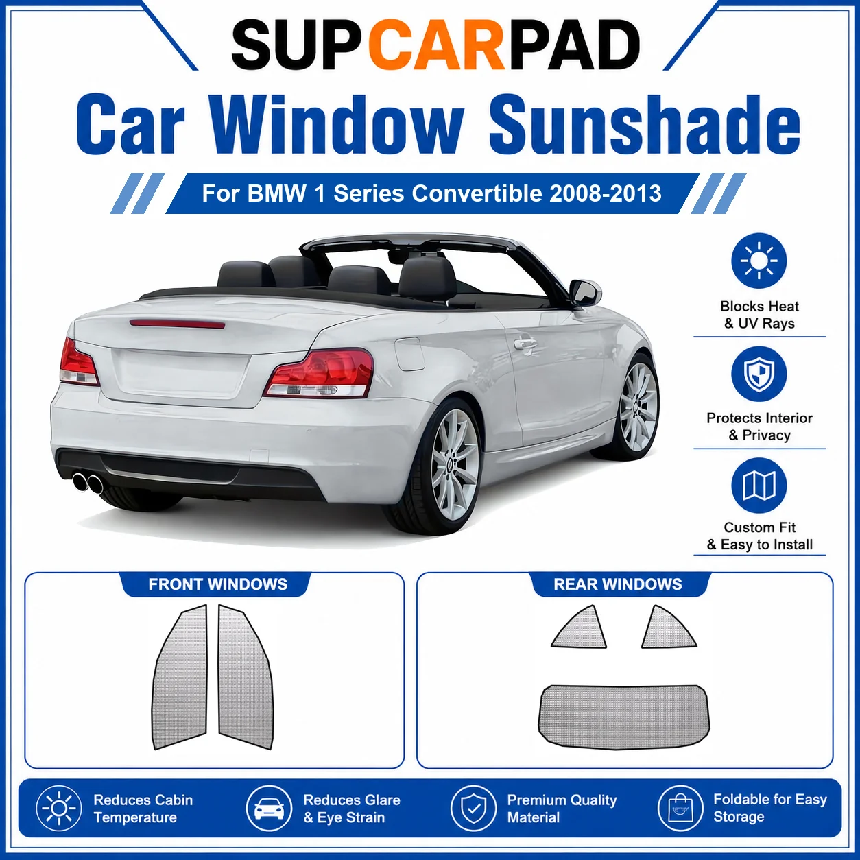 

For BMW - BMW 1 Series Convertible 2008-2013 Full Set Car Window Sunshades UV Block Privacy Heat Insulated Foldable Car Curtain