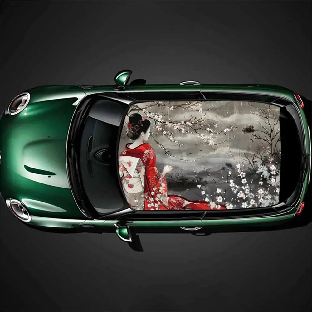 

Beauty Japanese Geisha Girl Flower Car Roof Sticker Wrap Racing SUV Auto Accessories Packaging PVC Car Hood Graphic Decal Decor