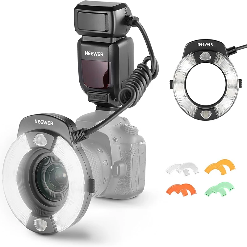 

NEEWER RF1-C Macro Ring Flash for Canon. 76Ws GN15 5600K E-TTL. 1-1/128 Output. Front/Rear Sync. Color Gels & Adapters