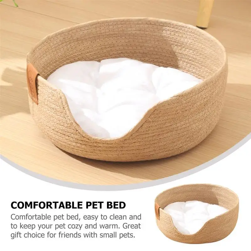 Rattan Woven Pet Cat Bed With Cushion Soft Warm Comfortable Sleeping Basket For Cats Four Seasons Puppy Kitten Bed NEW 2024