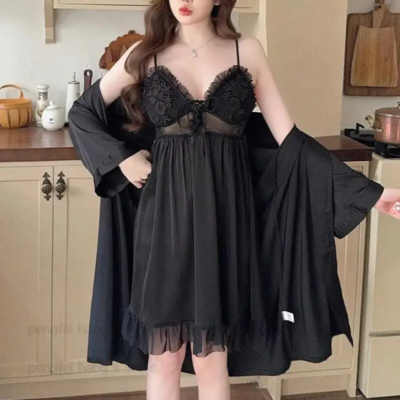 

Elegant Lace Ruffles Hem Bathrobe Kimono Suit Wedding Nighty&Robe Set Sexy Lingerie Women Mariage Party Nightgown Loungewear