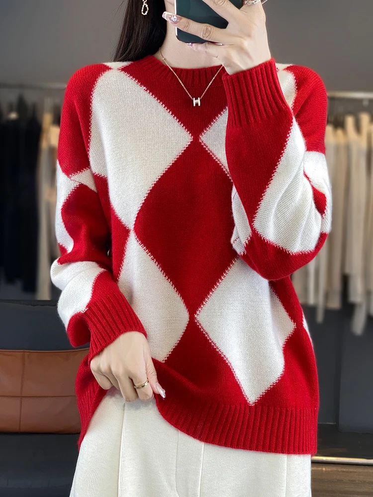 Large Size Fall Winter 100%Merino Wool Sweater ONeck Pullover Color blocking Knit Outerwear Lady Clothes Knit Top Fashion Casual