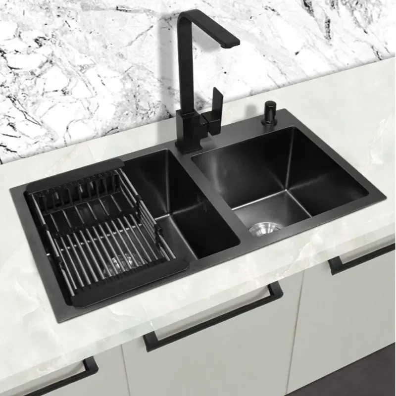for Black Nano Kitchen Sink Double Bowl Thickened Stainless Steel Household Vegetable Basin Manual Dishwasher