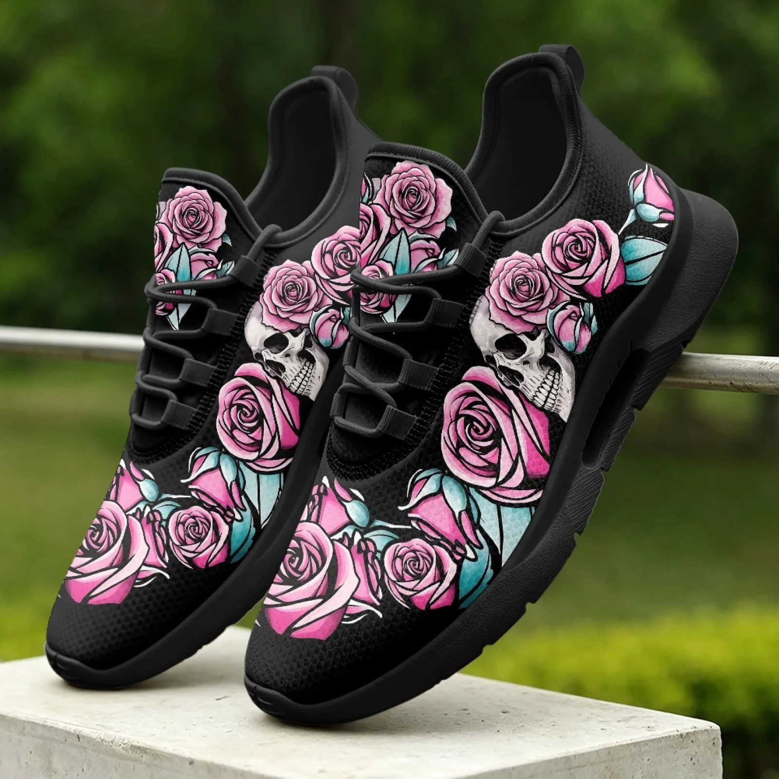 XIXIRIMIDO Lace-up Casual Shoes Men's Sneakers Comfortable Breathable Walking Shoe Women's Lightweight Sneaker Soft Rose Skull