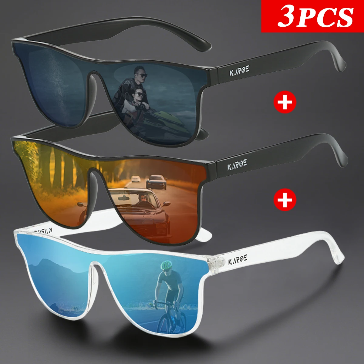 3Pcs/Set Karos UV400 Protection Sunglasses Men Women Outdoor Activities Glasses Driving Cycling Fishing Travel Parties Eyewear