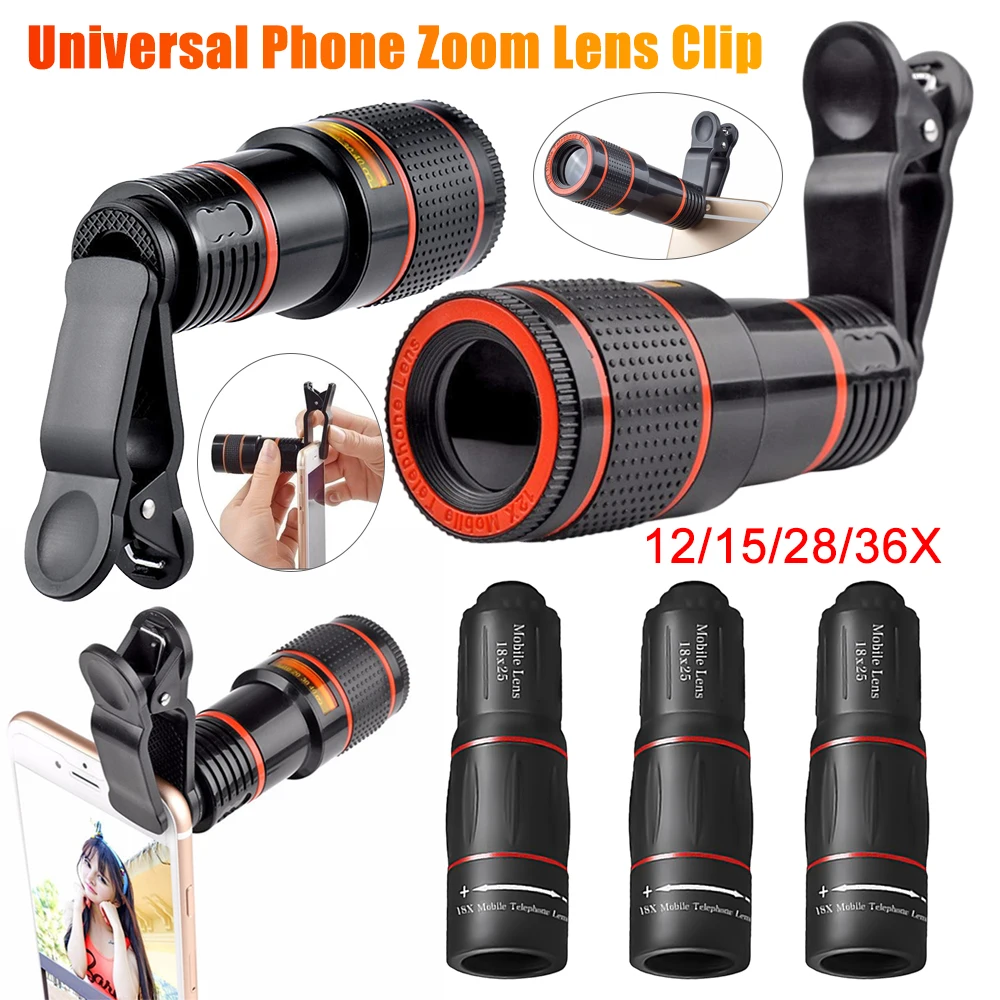 

Универсальный зажим для объектива телефона 12/15/28/36X оптический зум Камера Внешний телескопический объектив с зажимом для фотооптического монокуляра
