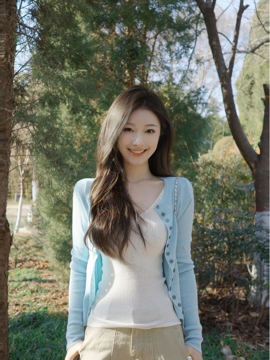 

Корейский стильный красивый синий вязаный кардиган с длинными рукавами для женщин, уникальная очень эффектная верхняя одежда для ранней весны, облегающий крой S