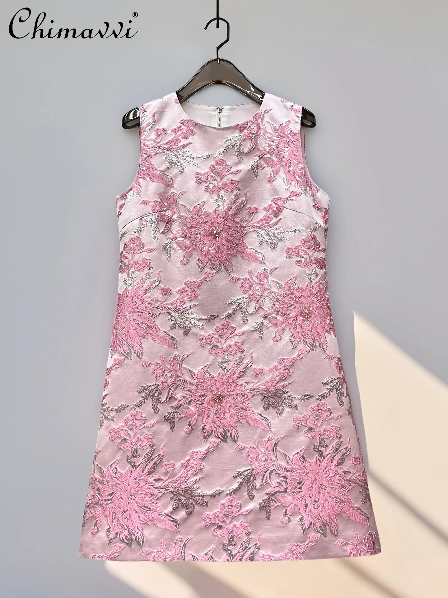 

Летнее французское элегантное платье 2026 года с жаккардовой вышивкой, бисером, круглым вырезом, без рукавов, с завышенной талией, А-силуэт, для вечеринок, для женщин