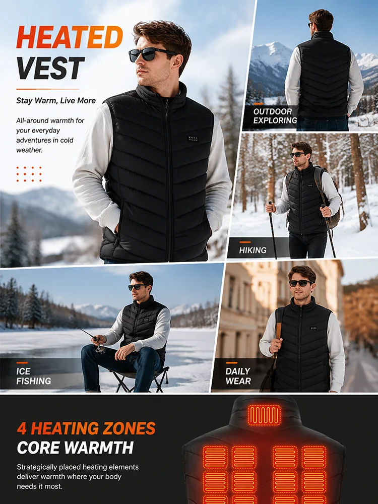 Intelligente beheizte Weste für Herren | 36 Heizzonen, 4 Bedienelemente, 3 einstellbare Temperaturen | Winterwanderungen, Indoor-Arbeit und Urlaub – Detail 2