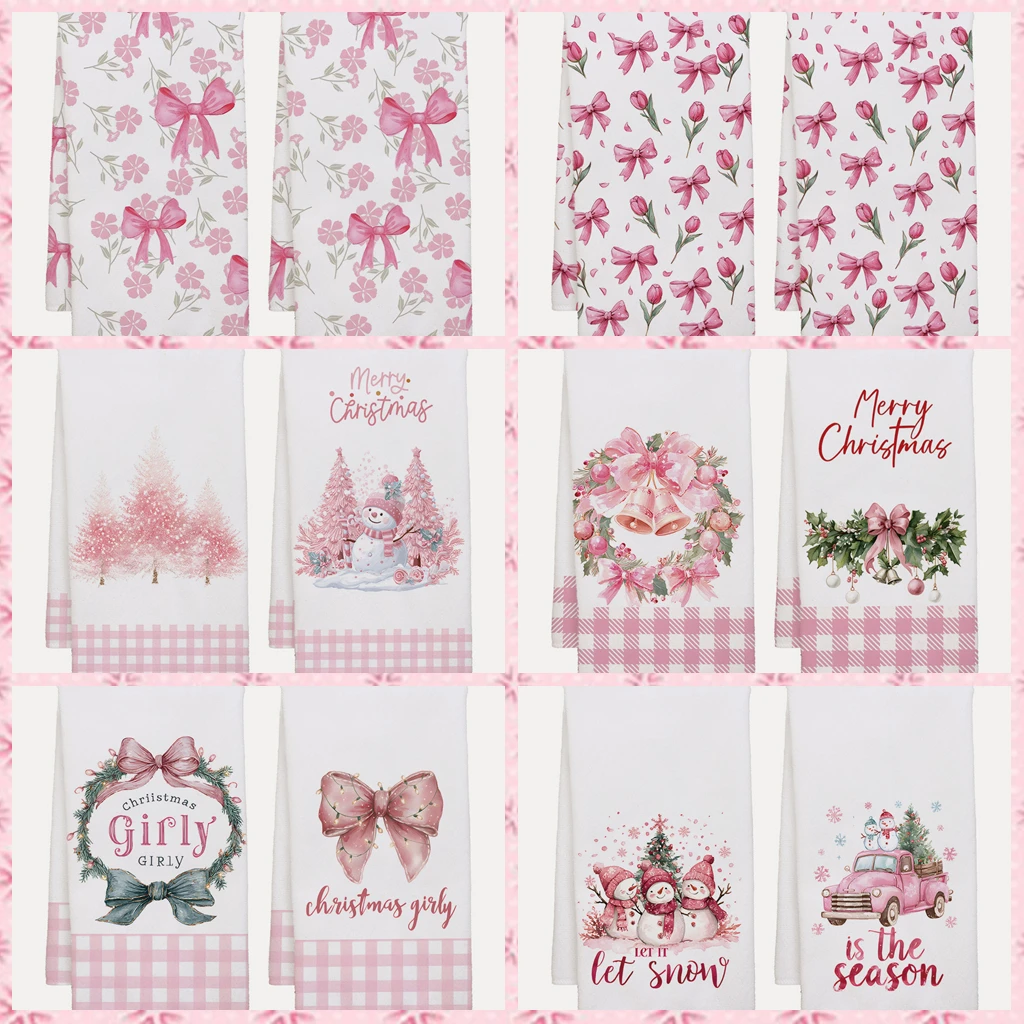 2pcs 40x60cm Pink Series Christmas Dishcloth Tea Towel Kitchen Grid  Cleaning Wash Cloth Girl Women Merry Christmas Gifts