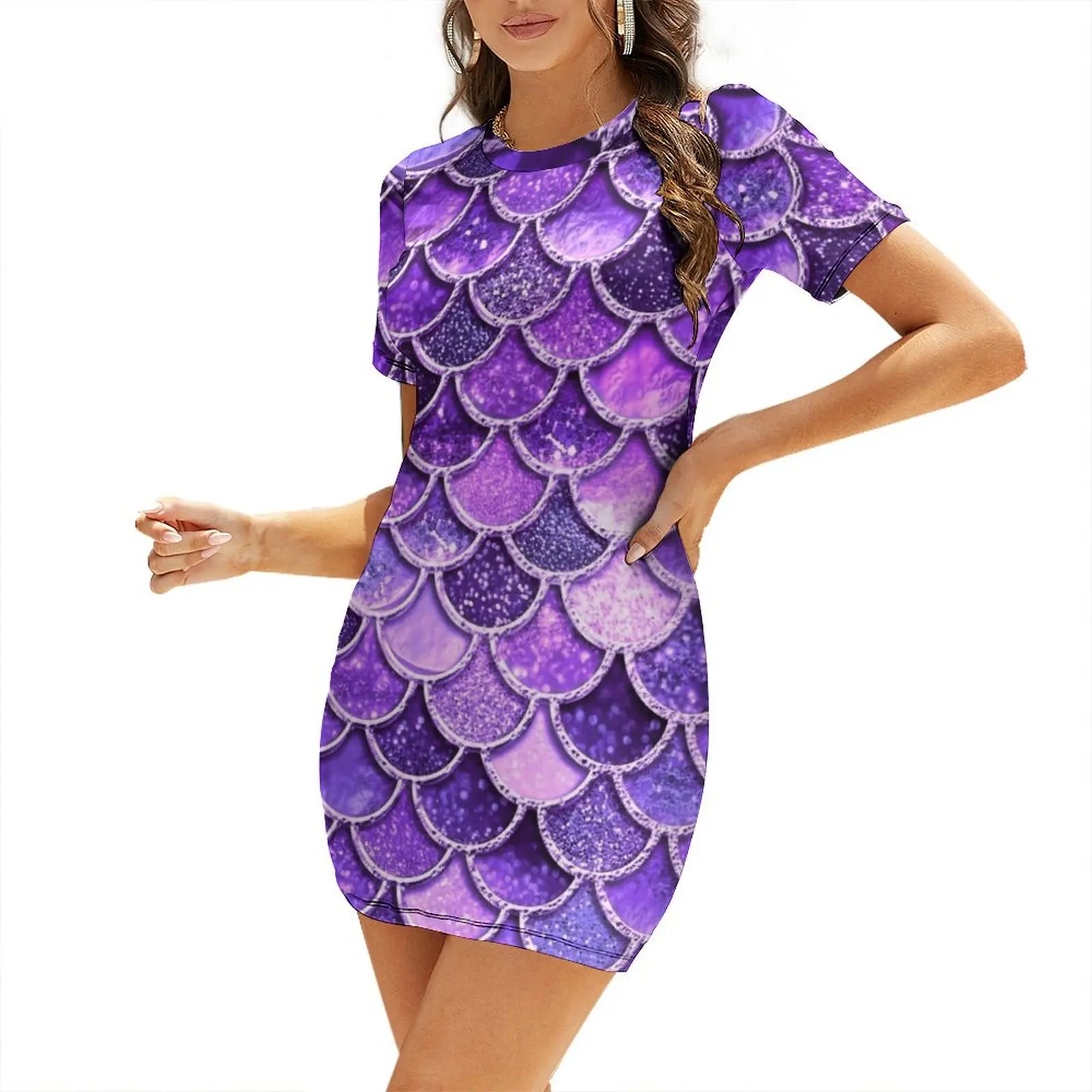 

Ultra Violet Sparkle Faux Glitter Mermaid Scales Short-Sleeved Dress ladies dresses for women 2025 women dresses Dress