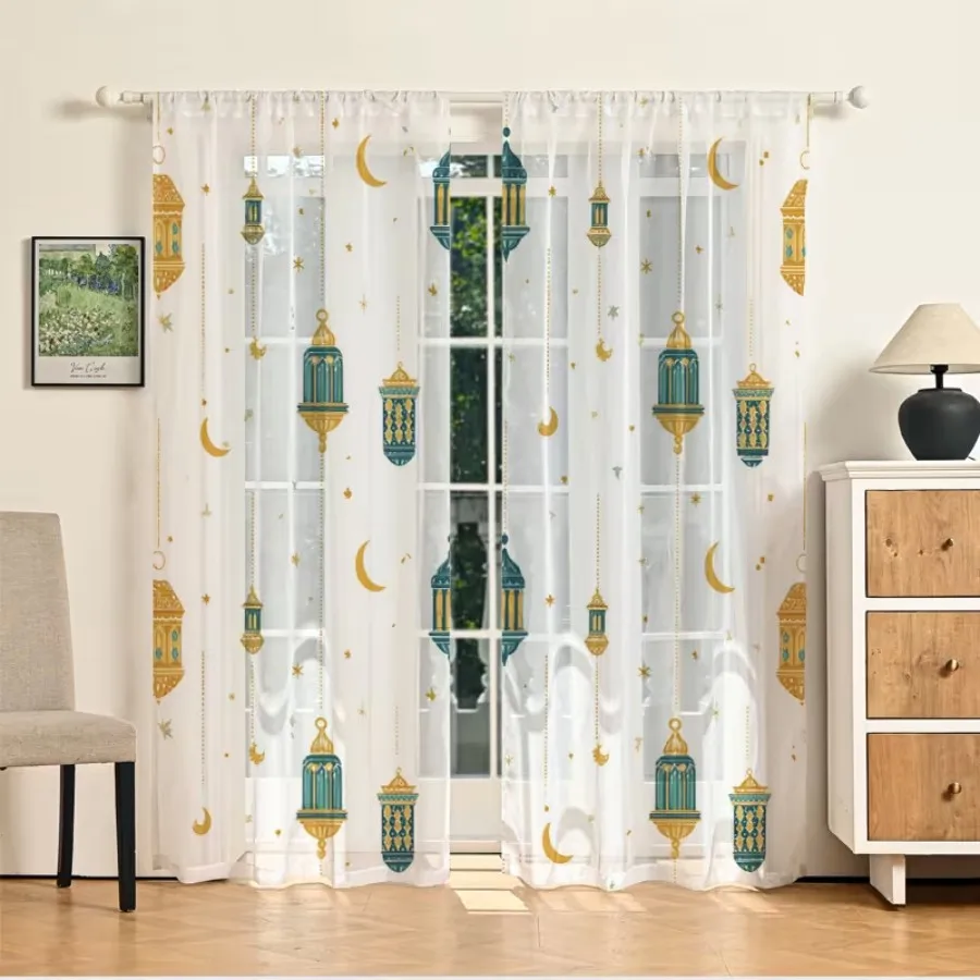 2PCS Digital Print Sheer Curtains, Golden Moon Green Lamp, Ramadan Elegant Contrast for Bedroom Living Room Home Decor