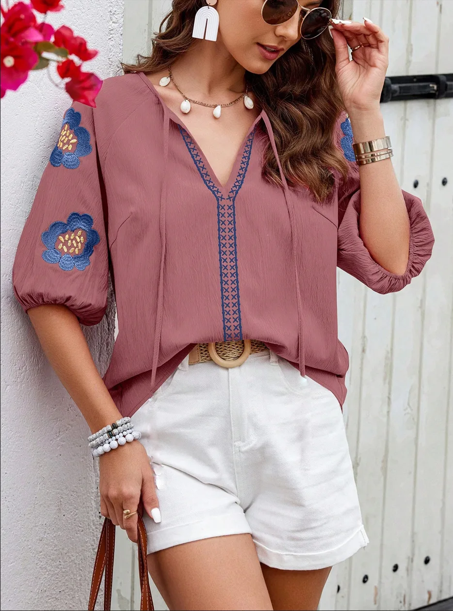 New Summer Women's Shirt V-neck Lace-up Loose Floral Embroidery Fashion Girl Casual Versatile Blouses for Female