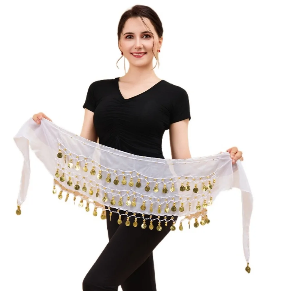 

Gold Color Coins Belly Dance Hip Scarf Adjustable Chiffon Material Hip Scarf Wrap Three Layers Comfortable Fit