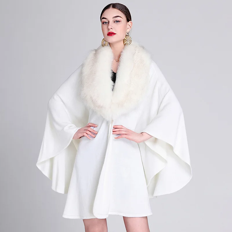 8 Colors Fashion Winter Cloak Cashmere Shawl Overcoat Women Faux Fox Fur Trim Collar Loose Poncho Big Pendulum Cape Streetwear