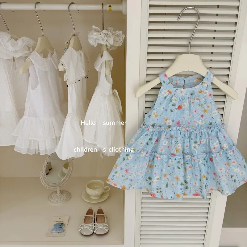 2026 Summer Girls Blue Floral Princess Dress Fresh Blue Floral Print Pretty Soft Fabric Skin Friendly and Comfortable