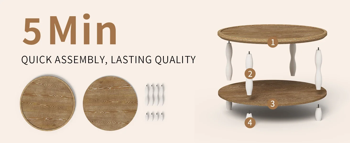 Perspective view of round cream coffee table with lower shelf