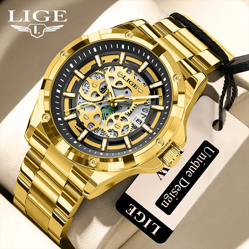LIGE New Men's Luxury Watches Business Waterproof Male Clock Stainless Steel Square Automatic Machinery Men Watch Reloj Hombre