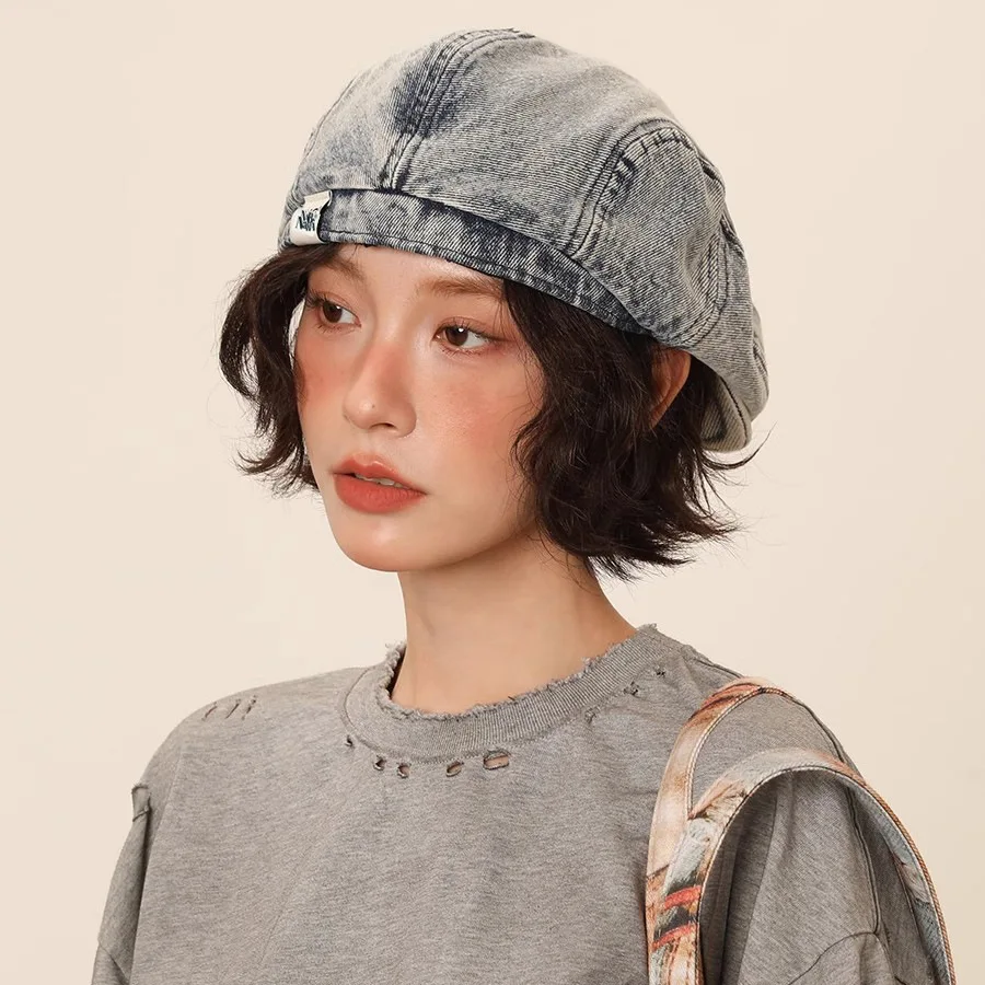 

Vintage Denim Beret Washed Summer Newsboy Cap for Women Large Size Slimming Fisherman Hat