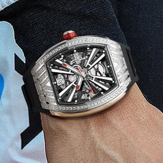 Мужские автоматические часы I&W, 43 мм, механические наручные часы Tonneau, светящиеся, 50 м, водонепроницаемые, с цирконовым безелем, скелетонизированный циферблат Мужские автоматические часы I&W, 43 мм, механические наручные часы Tonneau, светящиеся, 50 м, водонепроницаемые, с цирконовым безелем, скелетонизированный циферблат