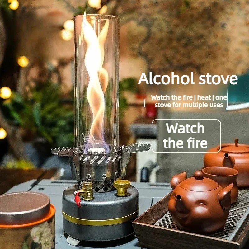 Outdoor Portable Alcohol Burner Stove Kit with Viewing Glass Tube, Camping Tea Making Furnace Set