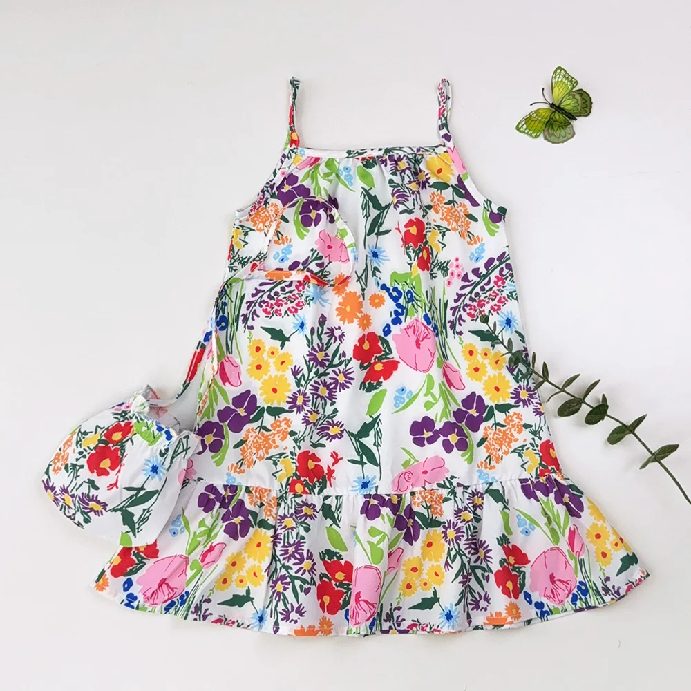 Children Summer Fashion Clothes Flower Print Sleeveless Loose Dress + Bag 2 Pcs Set 3-7 Years Girls Casual Wear