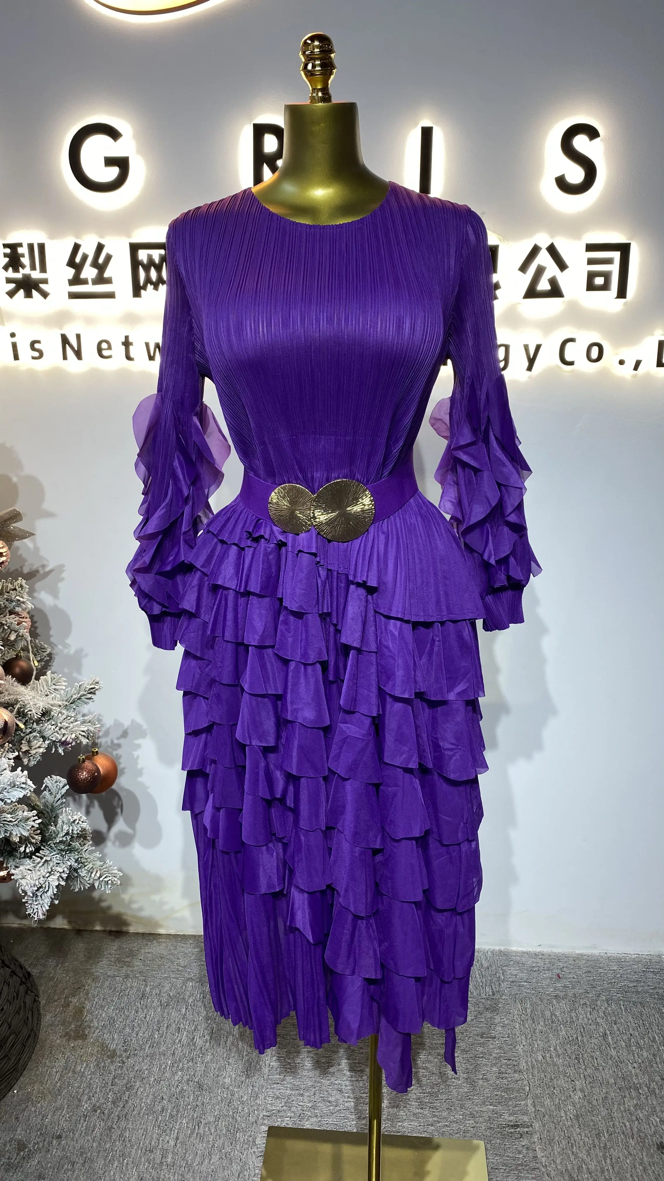 

2025 Autumn New Women's Casual Dress, Round Neck, Tie-Waist, Ruffled Waist, Pleated Long Sleeves-GZXX163