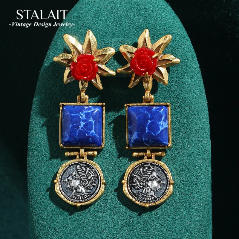 

Vintage Red Sun Drop Earrings Lapis Lazuli Beauty Head Coin Antique Gold Color Retro Quality Jewelry Accessories For Women 2026