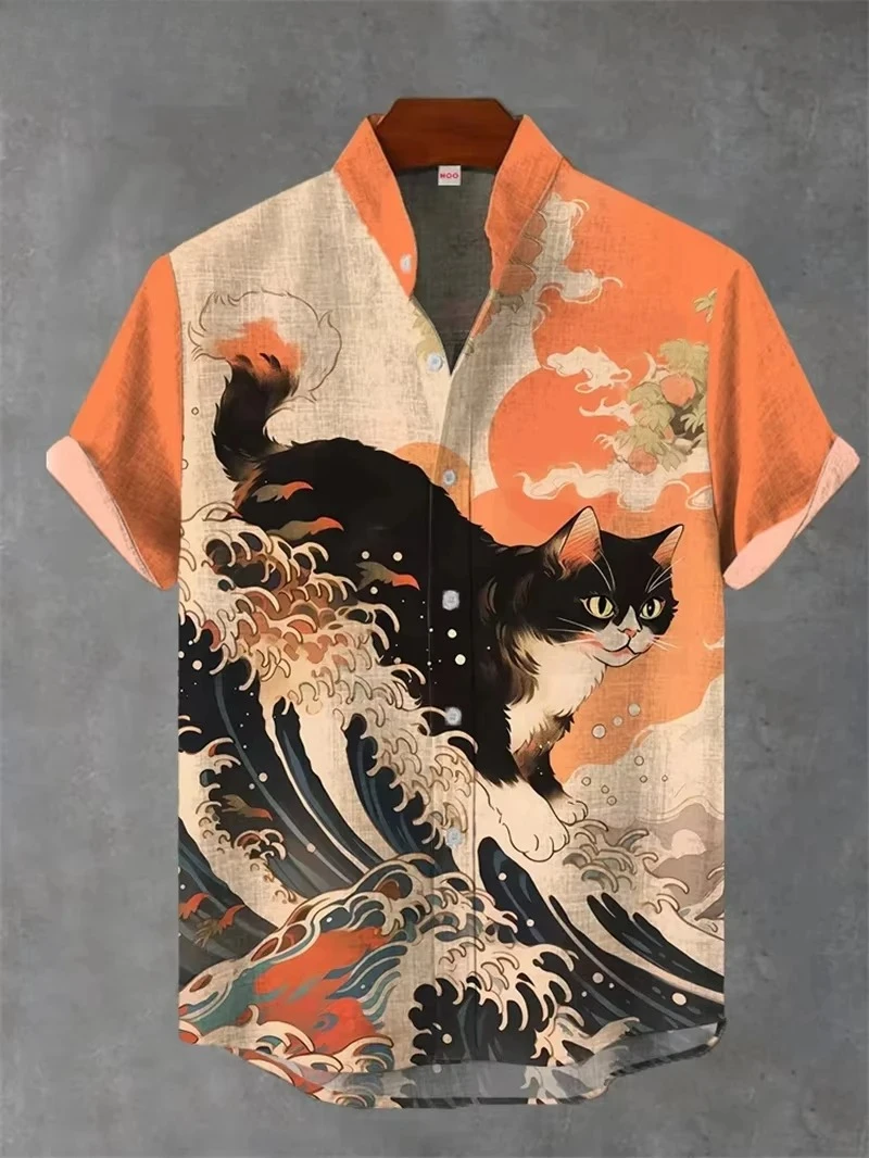 Vintage قميص رجالي ثلاثية الأبعاد قميص مطبوع الرجال عادية قصيرة الأكمام قمة عصرية الرجال التلبيب زر قميص الرجال تي شيرت البوليستر #3