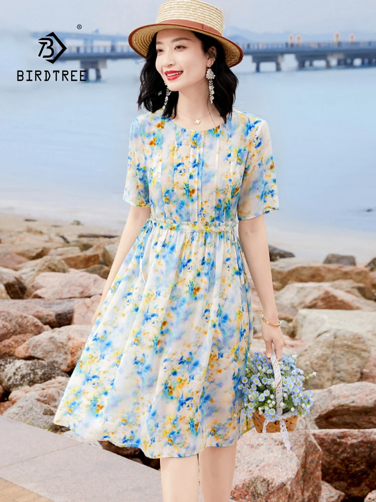 BirdTree, 100%Real Silk Fashion Dresses, Women O Neck Short Sleeve Floral, Elegant OL Oversize Fairy Dress, 2024 Summer D44872QC