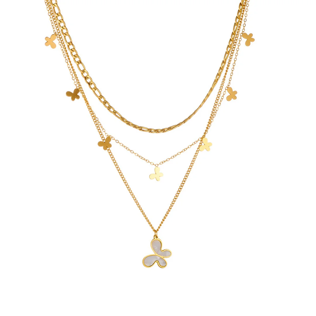 

Trendy Statement Butterfly Charm Pendant Female Gold Color Stainless Steel Three Layers Chain Link Necklace for Women Jewelry