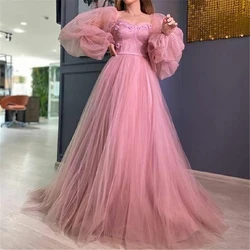 Hot Pink A Line Tulle Prom Dresses Puff Long Sleeves 3D Flowers Women Evneing Formal Gowns Outfits Event Party Gowns Customized