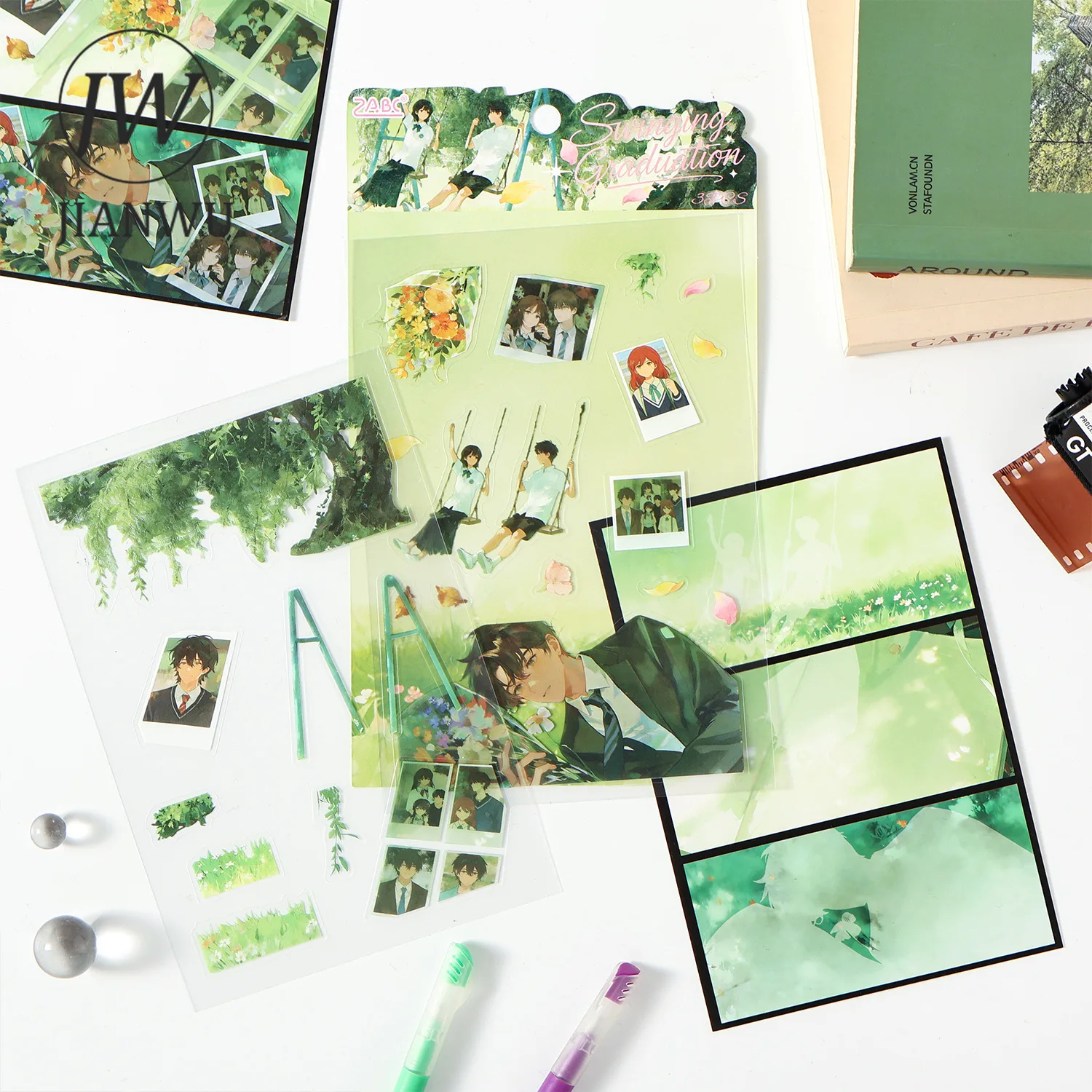 JIANWU Youth Jet Lag Series Vintage Tree Character Landscape Material Collage PET Sticker Creative DIY Journal Stationery