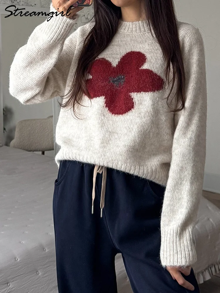 Women's Winter Gray Flower Sweater - Loose Knit Pullover