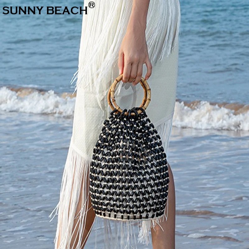 

Модная бамбуковая ручка, ручная работа, натуральные деревянные бусины, сумка на плечо, женская винтажная сумка, кошелек, дизайнерская корзина, сумки-ведра